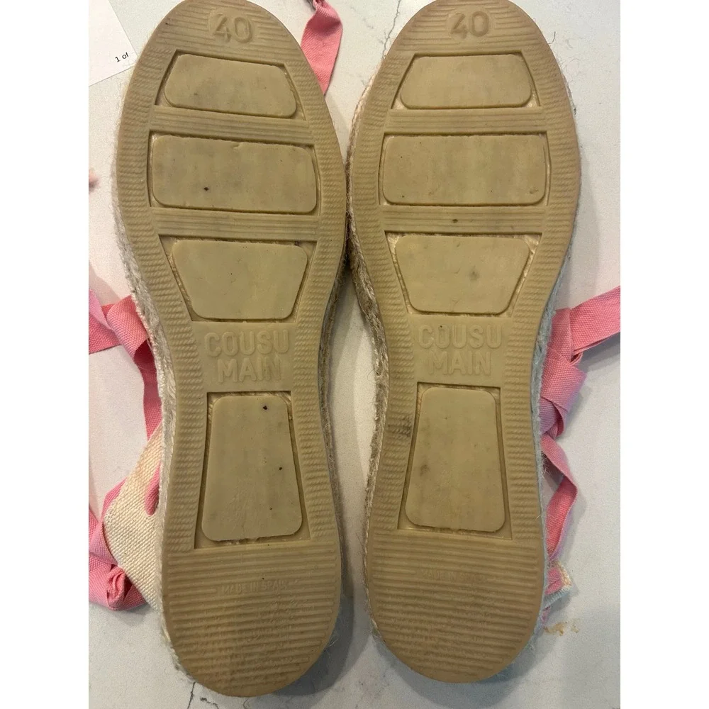 Cousu Main Espadrille Flats Pink Metallic Cap Toe Ribbon Lace Up Shoes 40